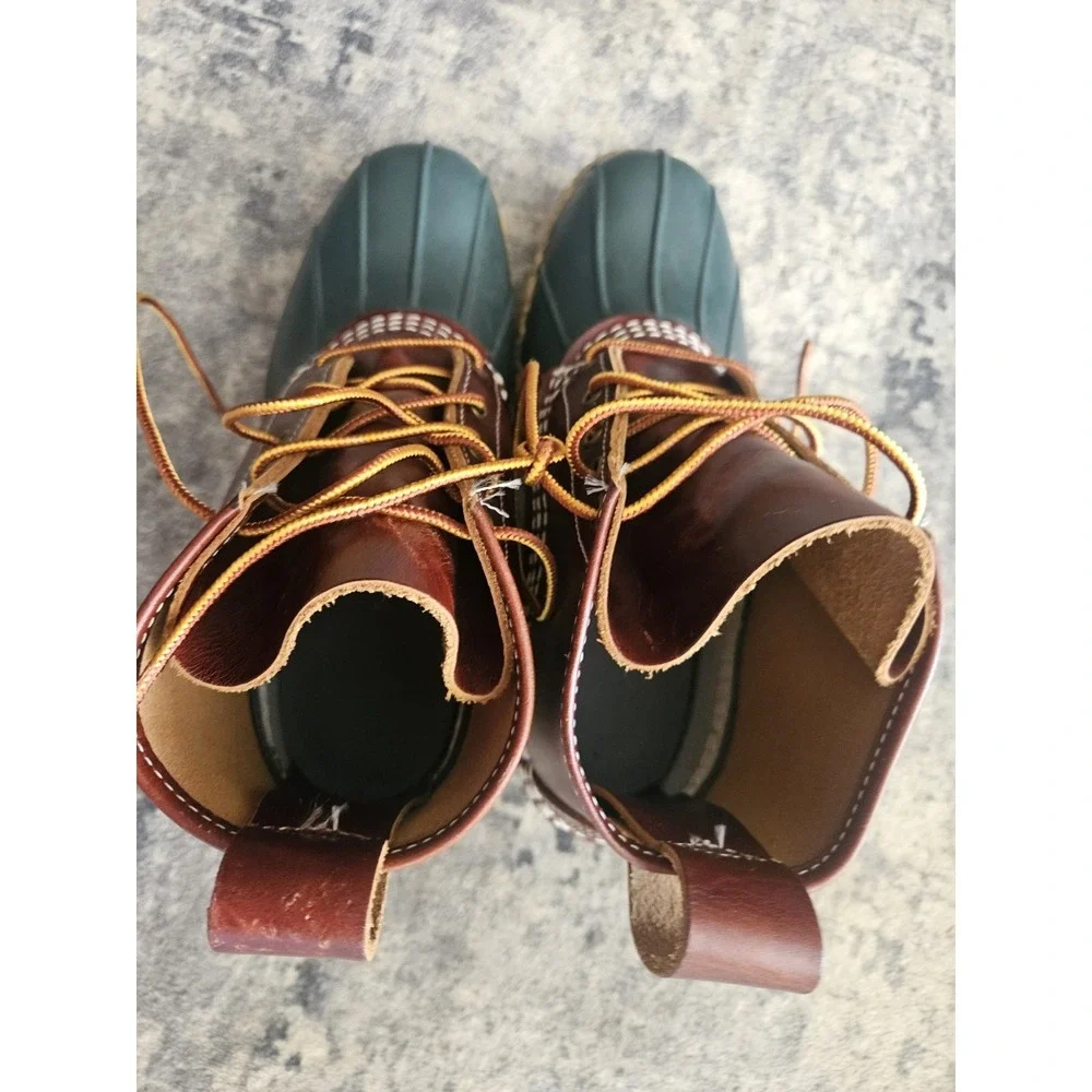 LL Bean Boots 6 IN Duck Boots Womens 7 M Dark Green Brown Leather Waterproof EUC